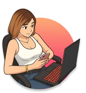 Ella working on her laptop and checking phone if design is optimized