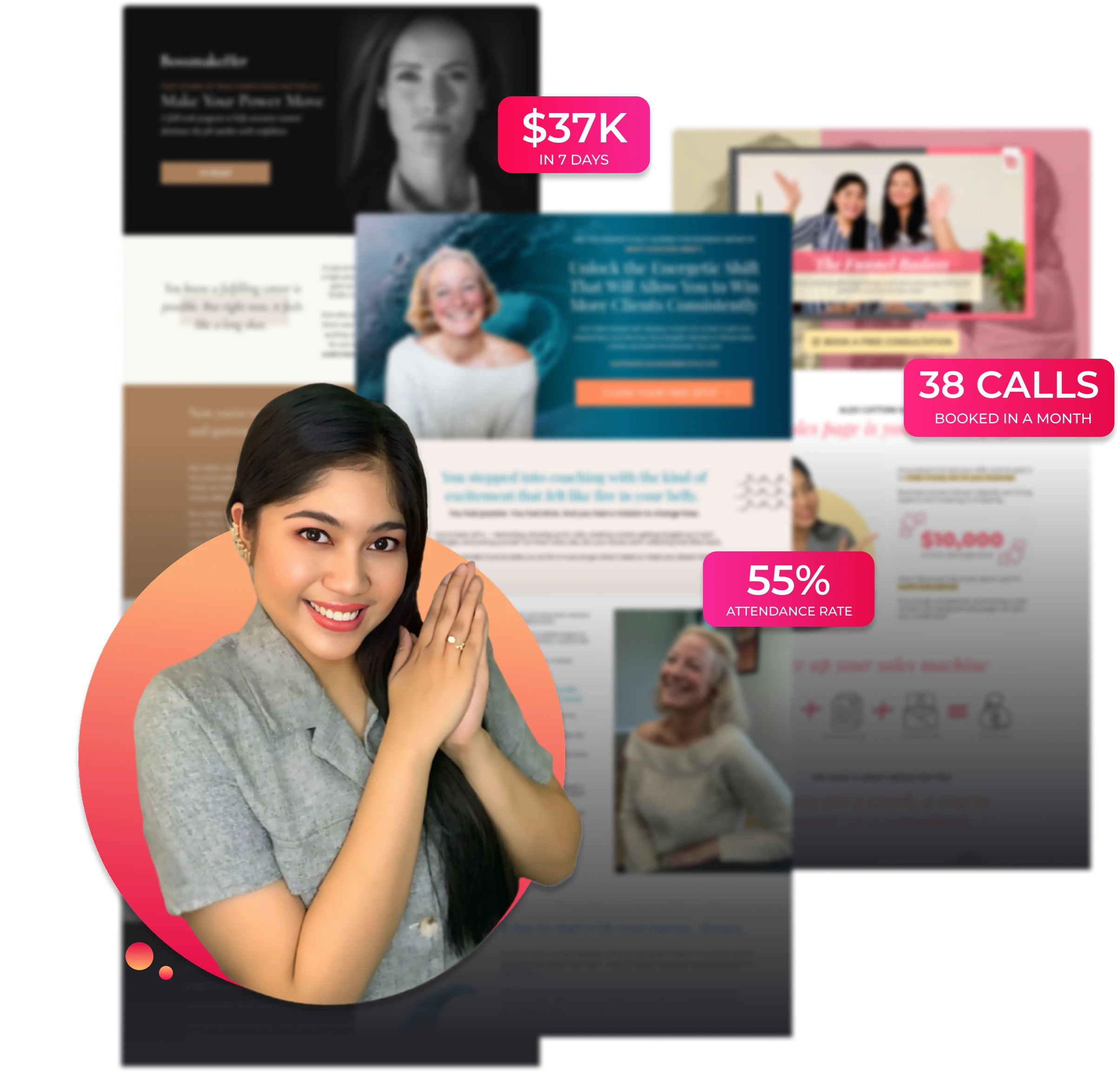 Ella Luna with designed funnels at her background that generated results from $37K sales in 7 Days, 38 calls booked in a month, and 55% attendance rate from a webinar funnel