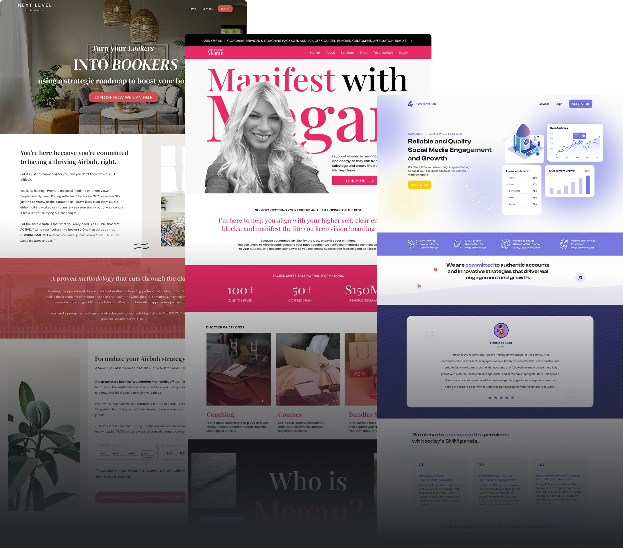 The Funnel Badass Designs showcasing: homey vibe design, editorial and magazine vibe design, and clean and techy vibe.