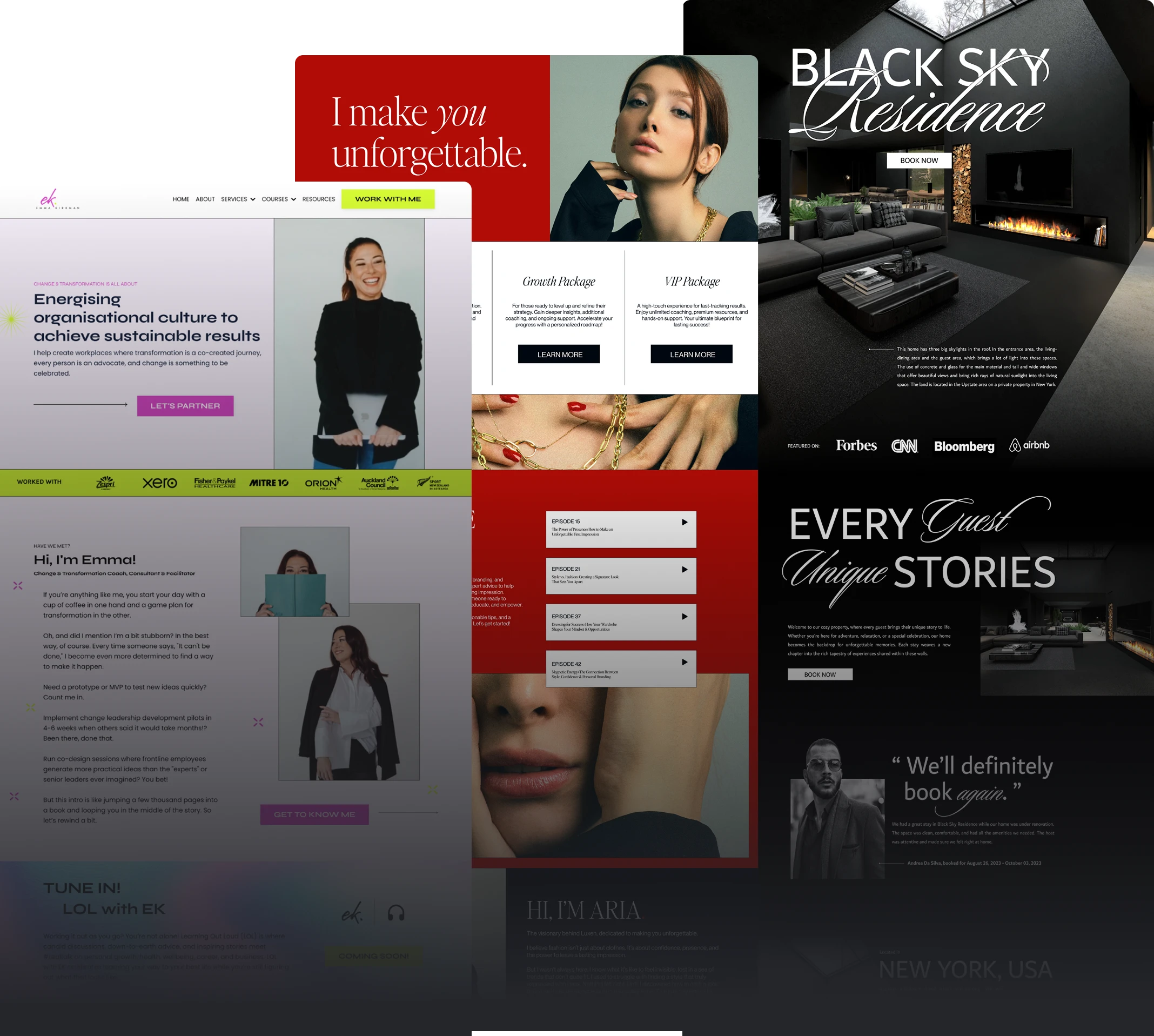 The Funnel Badass Designs showcasing: a playful and fun vibe, aesthetic and bold vibe, and dark and sophisticated real estate vibe.
