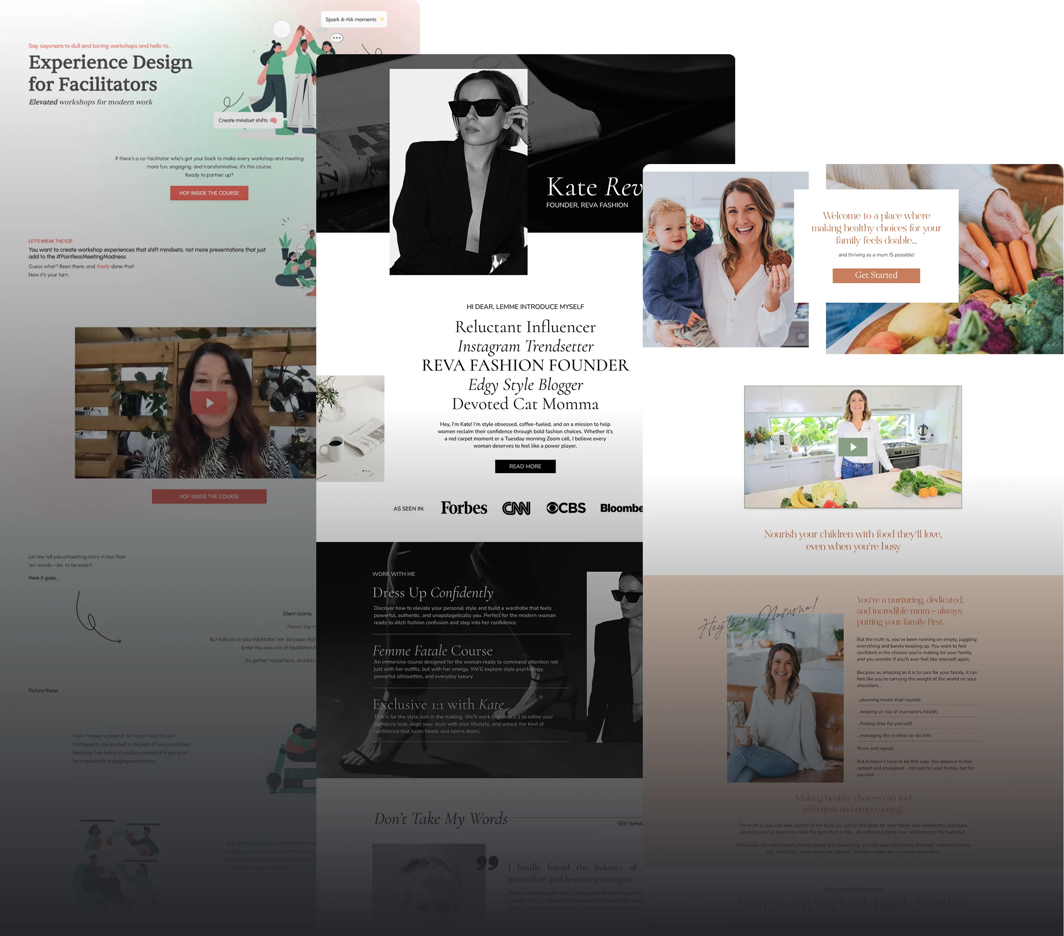 The Funnel Badass Designs showcasing: modern and friendly vibe, edgy and editorial, and warm and cozy vibe